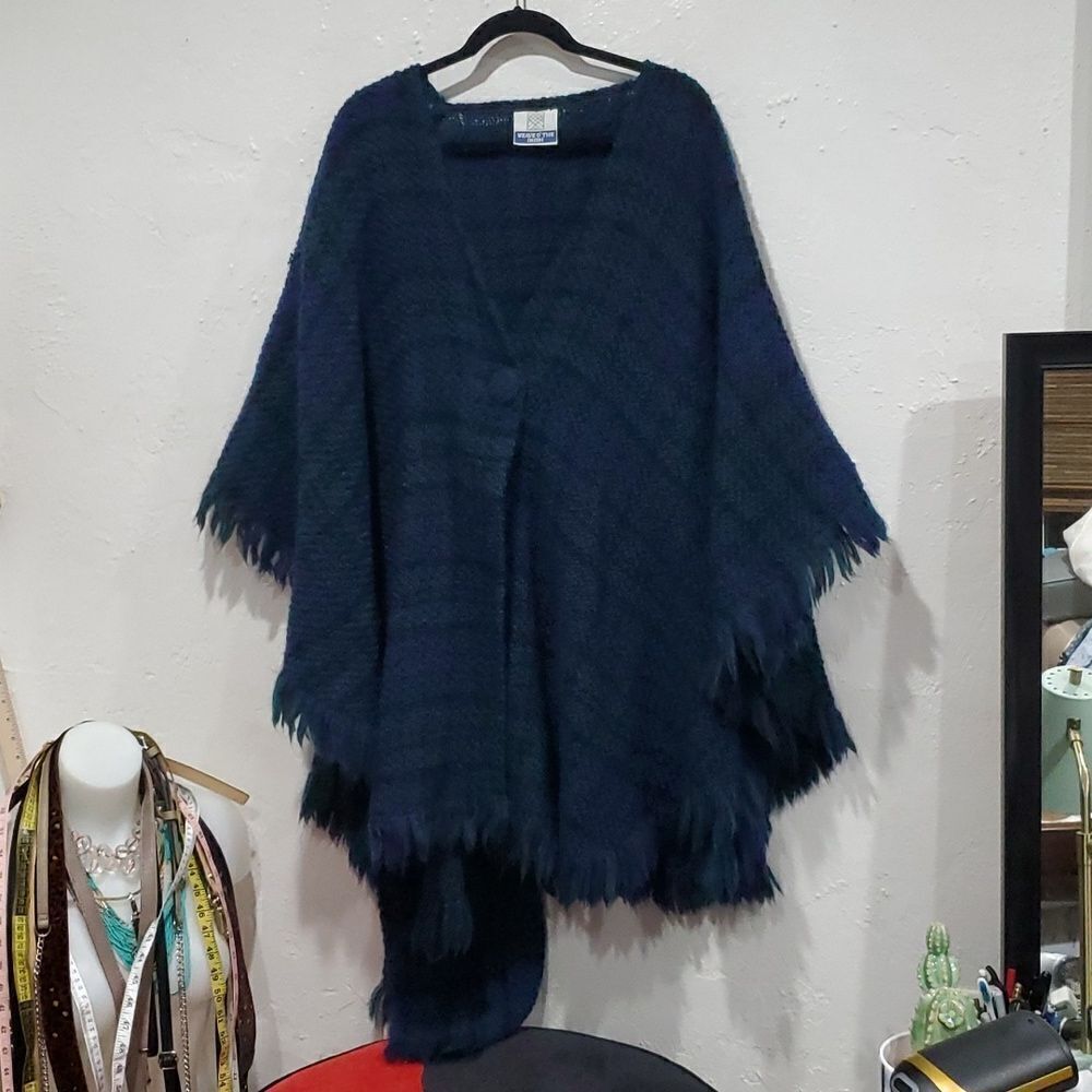 Green/Purple Fringe Poncho Jacket With Attached Scarf